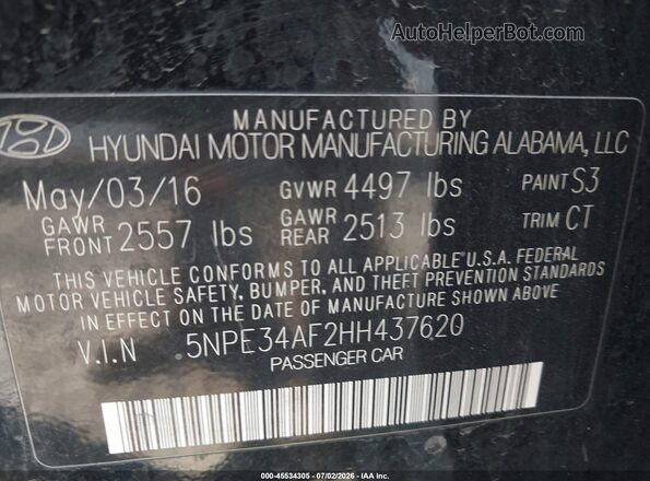 5NPE34AF2HH437620 2017 HYUNDAI SONATA Черный Вид подкапотного пространства