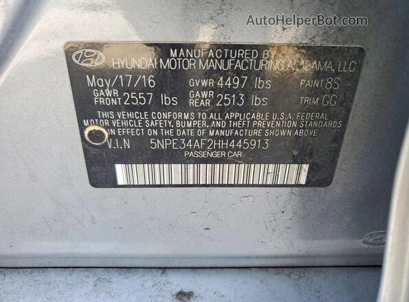 5NPE34AF2HH445913 2017 HYUNDAI SONATA Gray Vista del compartimento del motor