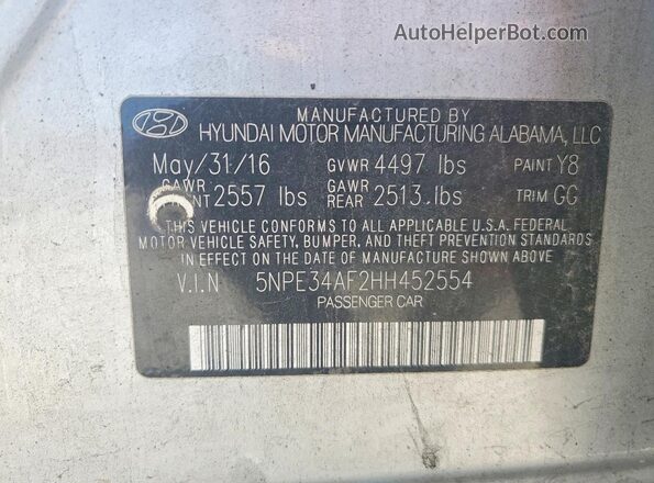 5NPE34AF2HH452554 2017 HYUNDAI SONATA Silver Շարժիչի բաժամունքի տեսք