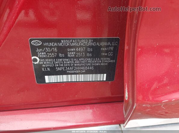 5NPE34AF2HH468446 2017 HYUNDAI SONATA Red Vista del compartimento del motor