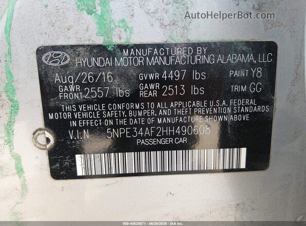 5NPE34AF2HH490608 2017 HYUNDAI SONATA Silver Вид підкапотного простору
