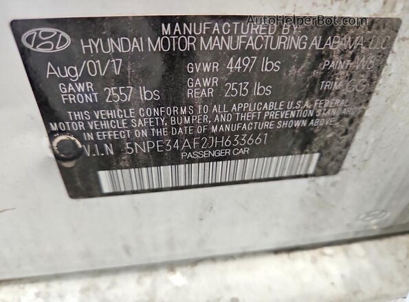 5NPE34AF2JH633661 2018 HYUNDAI SONATA White Vista del compartimento del motor