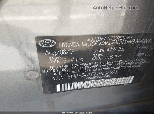 5NPE34AF2JH636978 2018 HYUNDAI SONATA Gray Вид підкапотного простору