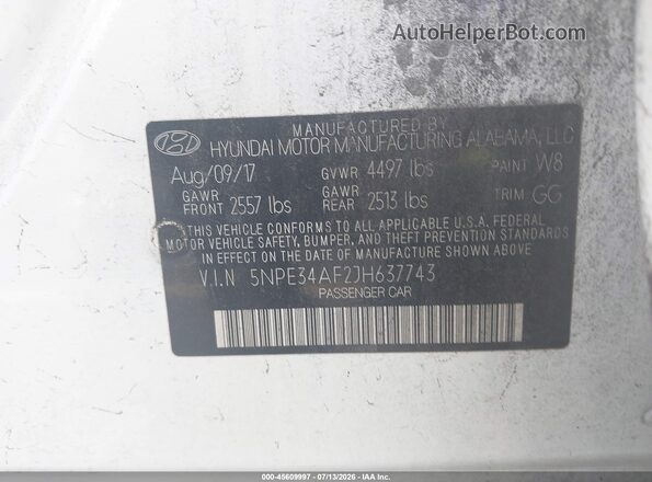 5NPE34AF2JH637743 2018 HYUNDAI SONATA Белый Вид подкапотного пространства