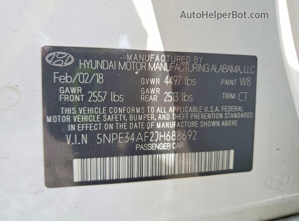 5NPE34AF2JH688692 2018 HYUNDAI SONATA White Vista del compartimento del motor
