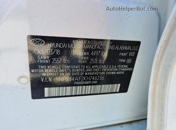 5NPE34AF2KH746236 2019 HYUNDAI SONATA White Вид підкапотного простору