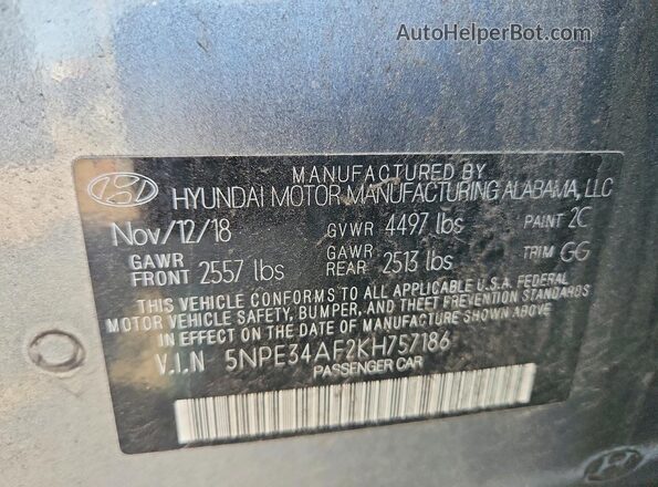 5NPE34AF2KH757186 2019 HYUNDAI SONATA Gray Engine compartment view
