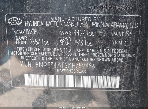 5NPE34AF2KH759486 2019 HYUNDAI SONATA Black Вид підкапотного простору