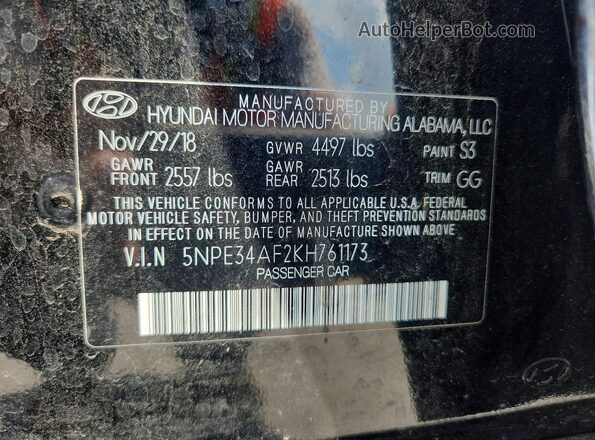 5NPE34AF2KH761173 2019 HYUNDAI SONATA Black VIN კოდის სტიკერის ხედი