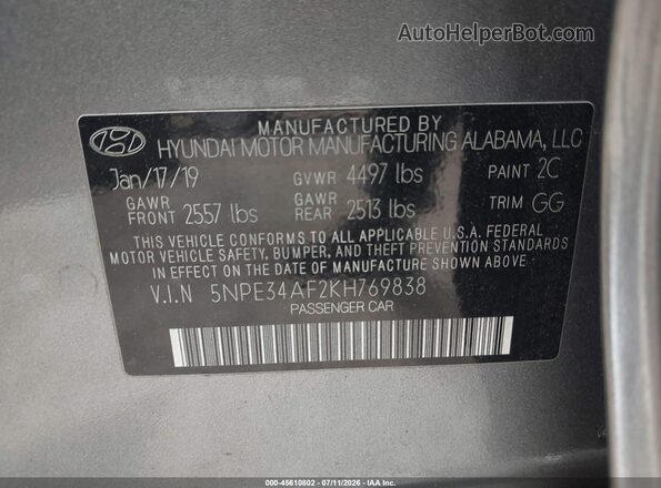5NPE34AF2KH769838 2019 HYUNDAI SONATA Gray Вид підкапотного простору