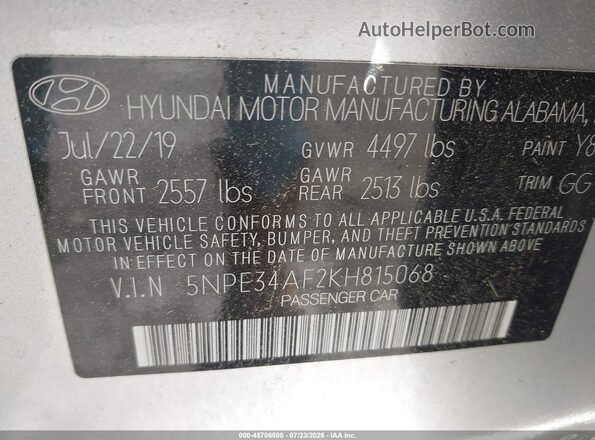 5NPE34AF2KH815068 2019 HYUNDAI SONATA Silver Շարժիչի բաժամունքի տեսք