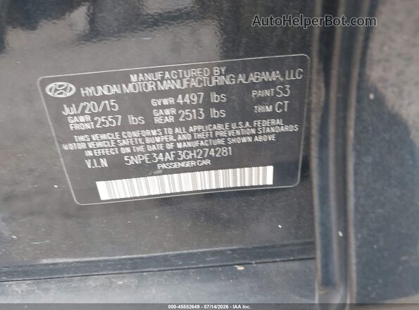 5NPE34AF3GH274281 2016 HYUNDAI SONATA Black ძრავის განყოფილების ხედი