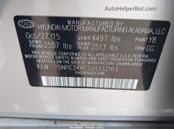 5NPE34AF3GH332163 2016 HYUNDAI SONATA Silver Engine compartment view