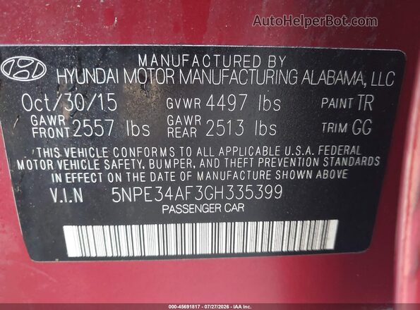 5NPE34AF3GH335399 2016 HYUNDAI SONATA Red Շարժիչի բաժամունքի տեսք
