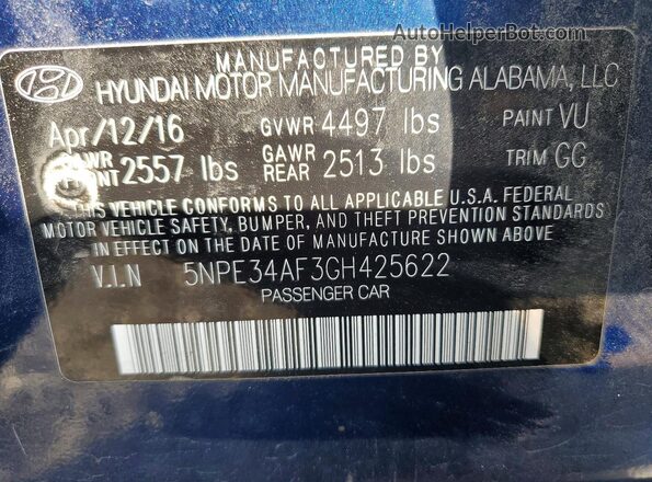 5NPE34AF3GH425622 2016 HYUNDAI SONATA Синий Вид подкапотного пространства