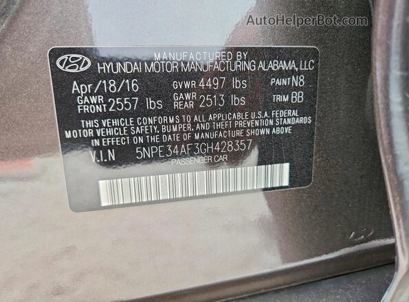 5NPE34AF3GH428357 2016 HYUNDAI SONATA Charcoal ძრავის განყოფილების ხედი