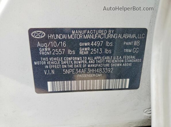 5NPE34AF3HH483392 2017 HYUNDAI SONATA White Vista del compartimento del motor