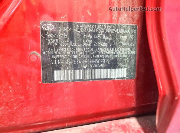 5NPE34AF3HH507013 2017 HYUNDAI SONATA Burgundy Vista del compartimento del motor