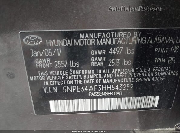 5NPE34AF3HH543252 2017 HYUNDAI SONATA Dark Brown Вид підкапотного простору