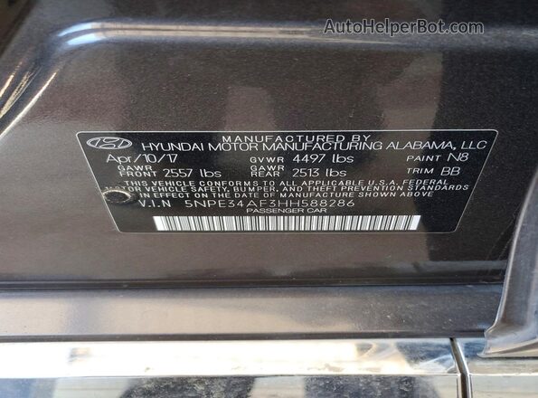 5NPE34AF3HH588286 2017 HYUNDAI SONATA Gray Vista del compartimento del motor
