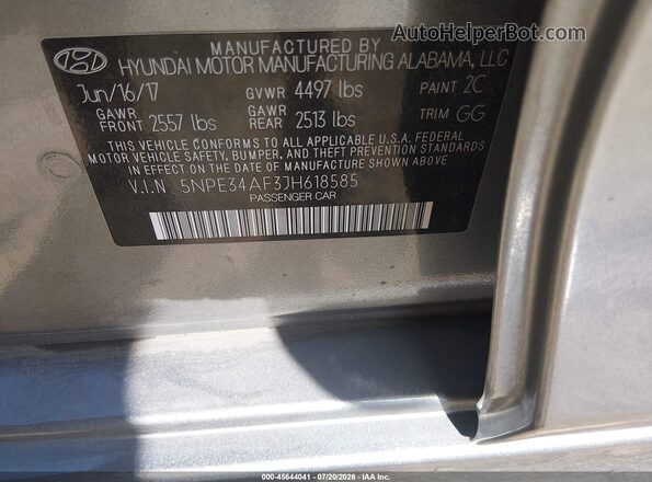 5NPE34AF3JH618585 2018 HYUNDAI SONATA Gray Engine compartment view