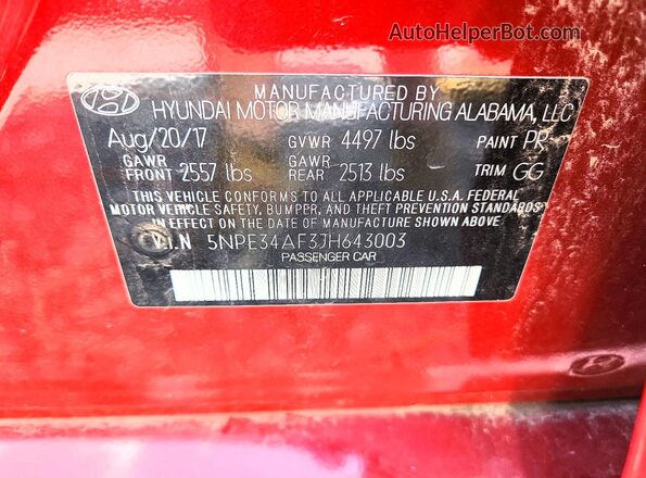 5NPE34AF3JH643003 2018 HYUNDAI SONATA Red ძრავის განყოფილების ხედი