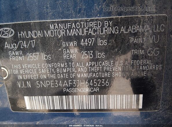 5NPE34AF3JH645236 2018 HYUNDAI SONATA Blue Շարժիչի բաժամունքի տեսք
