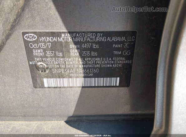 5NPE34AF3JH661260 2018 HYUNDAI SONATA Gray Widok komory silnika