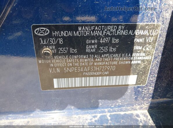 5NPE34AF3JH727970 2018 HYUNDAI SONATA Blue Engine compartment view