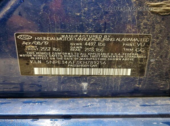 5NPE34AF3KH789256 2019 HYUNDAI SONATA Синий Вид подкапотного пространства