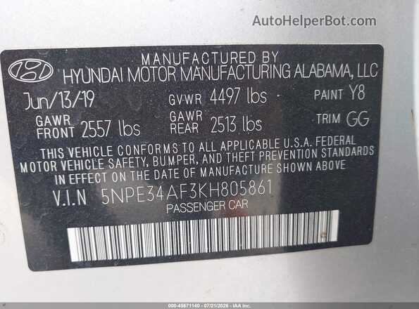 5NPE34AF3KH805861 2019 HYUNDAI SONATA Silver Вид підкапотного простору