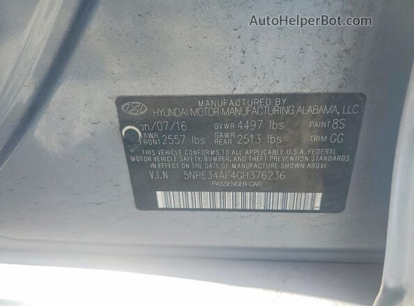 5NPE34AF4GH376236 2016 HYUNDAI SONATA Серый Вид подкапотного пространства