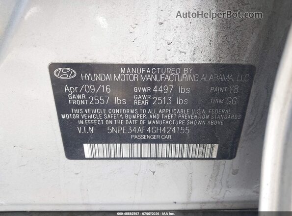 5NPE34AF4GH424155 2016 HYUNDAI SONATA Silver Vista del compartimento del motor