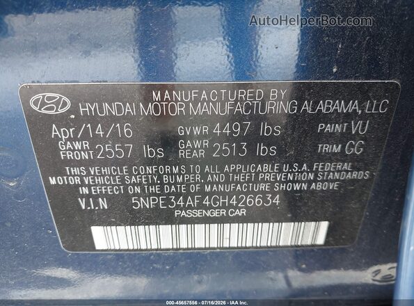 5NPE34AF4GH426634 2016 HYUNDAI SONATA Blue Engine compartment view
