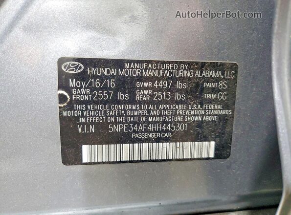 5NPE34AF4HH445301 2017 HYUNDAI SONATA Silver VIN კოდის სტიკერის ხედი