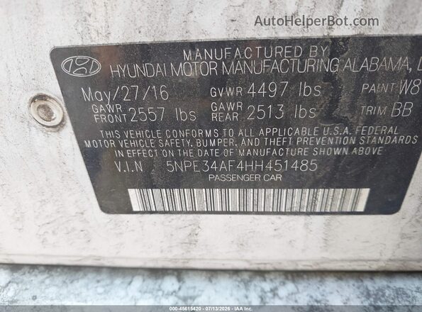 5NPE34AF4HH451485 2017 HYUNDAI SONATA White Widok komory silnika