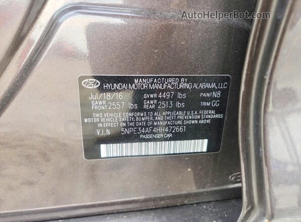 5NPE34AF4HH472661 2017 HYUNDAI SONATA Brown Widok komory silnika
