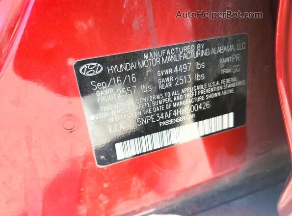 5NPE34AF4HH500426 2017 HYUNDAI SONATA Red Vista del compartimento del motor