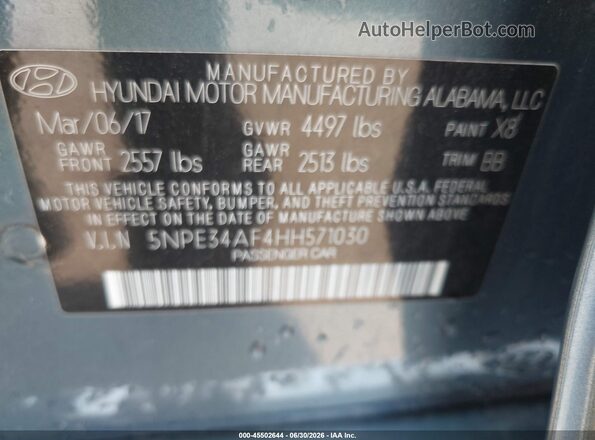5NPE34AF4HH571030 2017 HYUNDAI SONATA Синий Вид подкапотного пространства