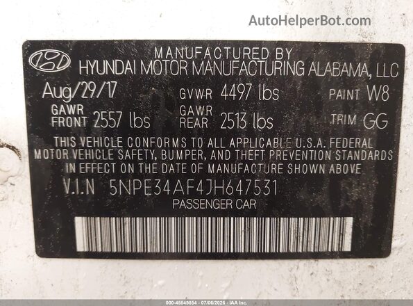 5NPE34AF4JH647531 2018 HYUNDAI SONATA Белый Вид подкапотного пространства
