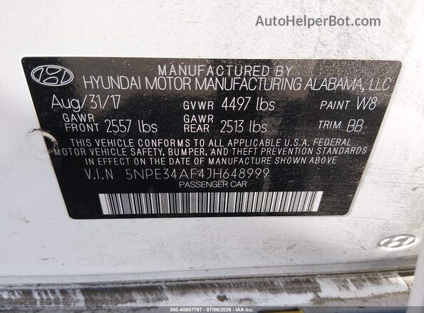 5NPE34AF4JH648999 2018 HYUNDAI SONATA White Вид підкапотного простору