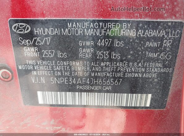 5NPE34AF4JH656567 2018 HYUNDAI SONATA Red Вид підкапотного простору