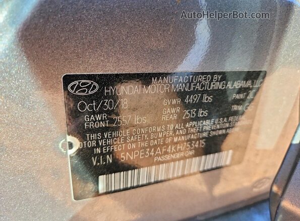 5NPE34AF4KH753415 2019 HYUNDAI SONATA Gray ძრავის განყოფილების ხედი