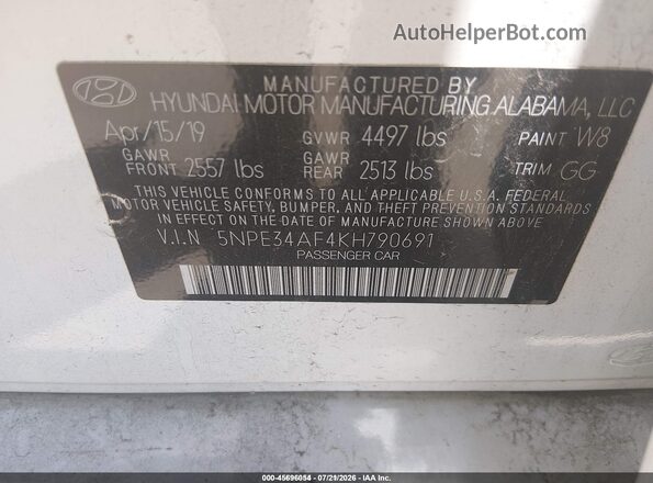 5NPE34AF4KH790691 2019 HYUNDAI SONATA White Widok komory silnika
