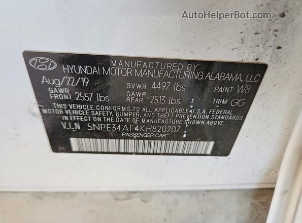 5NPE34AF4KH820207 2019 HYUNDAI SONATA White Vista del compartimento del motor