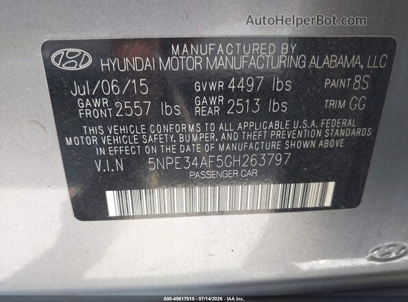 5NPE34AF5GH263797 2016 HYUNDAI SONATA Silver Вид підкапотного простору