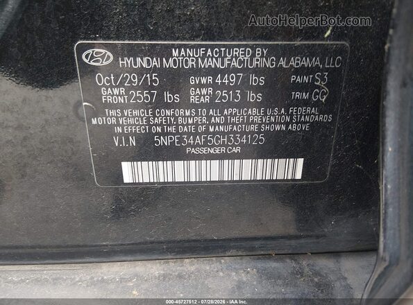 5NPE34AF5GH334125 2016 HYUNDAI SONATA Black Vista del compartimento del motor