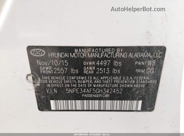 5NPE34AF5GH342452 2016 HYUNDAI SONATA White Engine compartment view