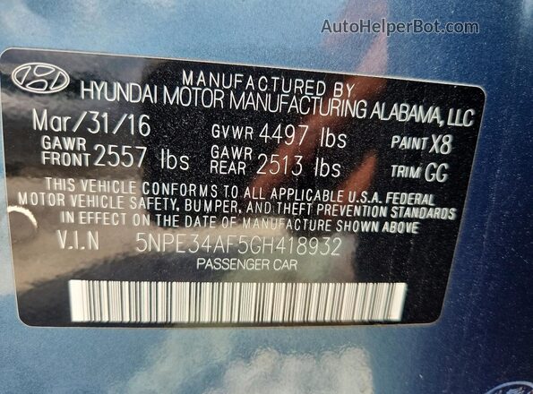 5NPE34AF5GH418932 2016 HYUNDAI SONATA Blue Vista del compartimento del motor