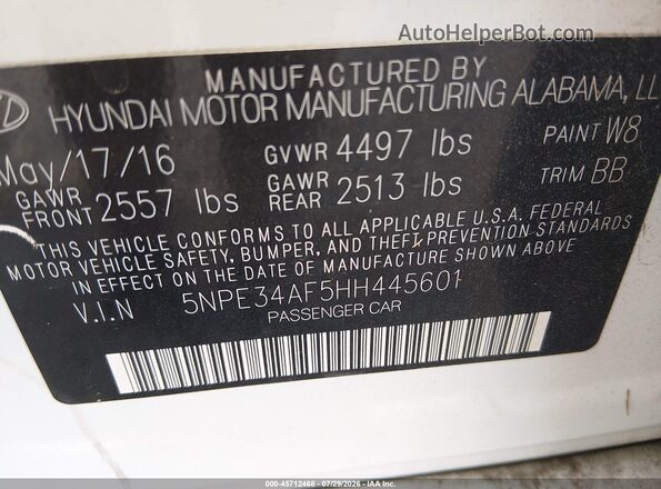 5NPE34AF5HH445601 2017 HYUNDAI SONATA White Вид підкапотного простору